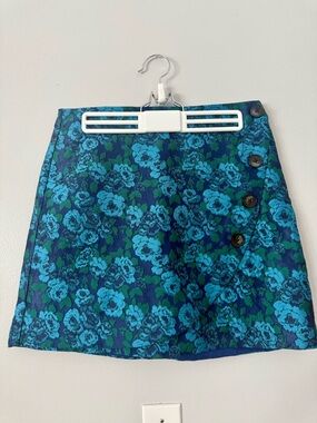 Maeve Anthropologie Blue Green Floral Brocade Mini Skirt Button Side
